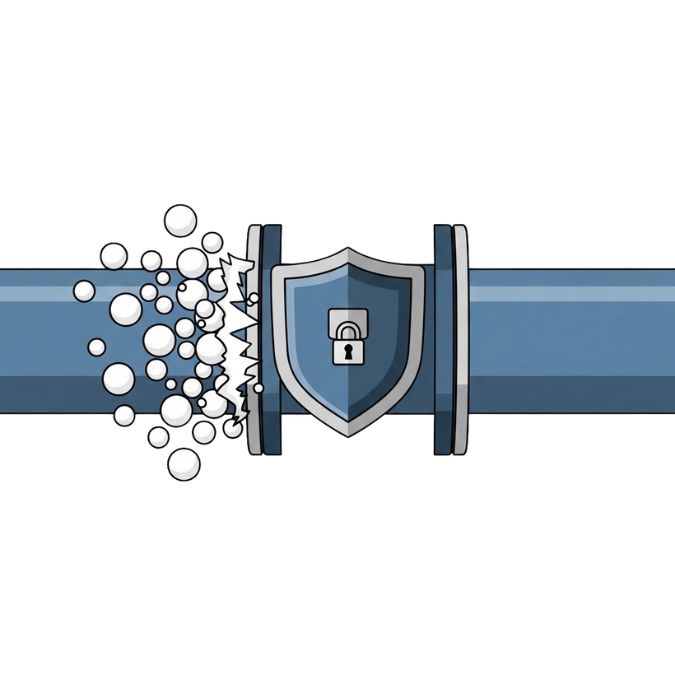 Ícone técnico demonstrando o momento em que a válvula Acquanew detecta o ar e ativa sua barreira física, bloqueando a passagem na tubulação