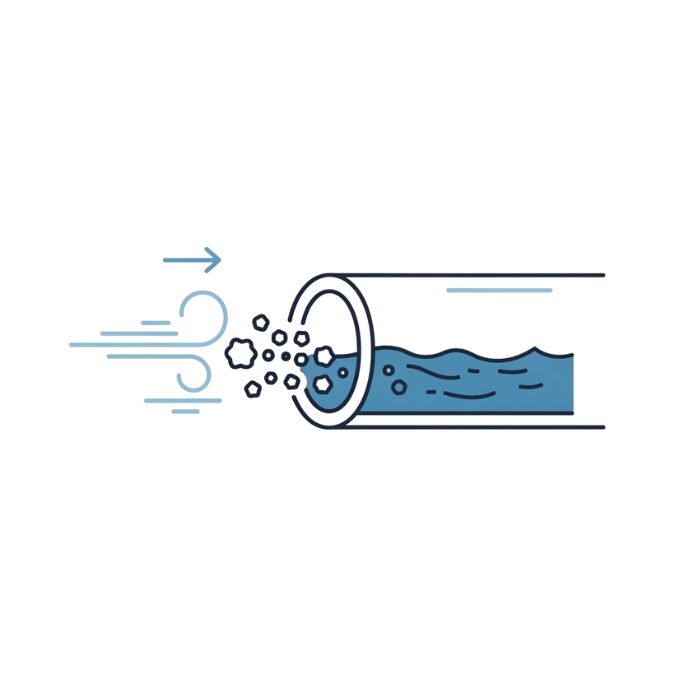 Ilustração técnica mostrando a entrada de bolhas de ar na tubulação de água, representando a primeira etapa de funcionamento do bloqueador de ar Acquanew.